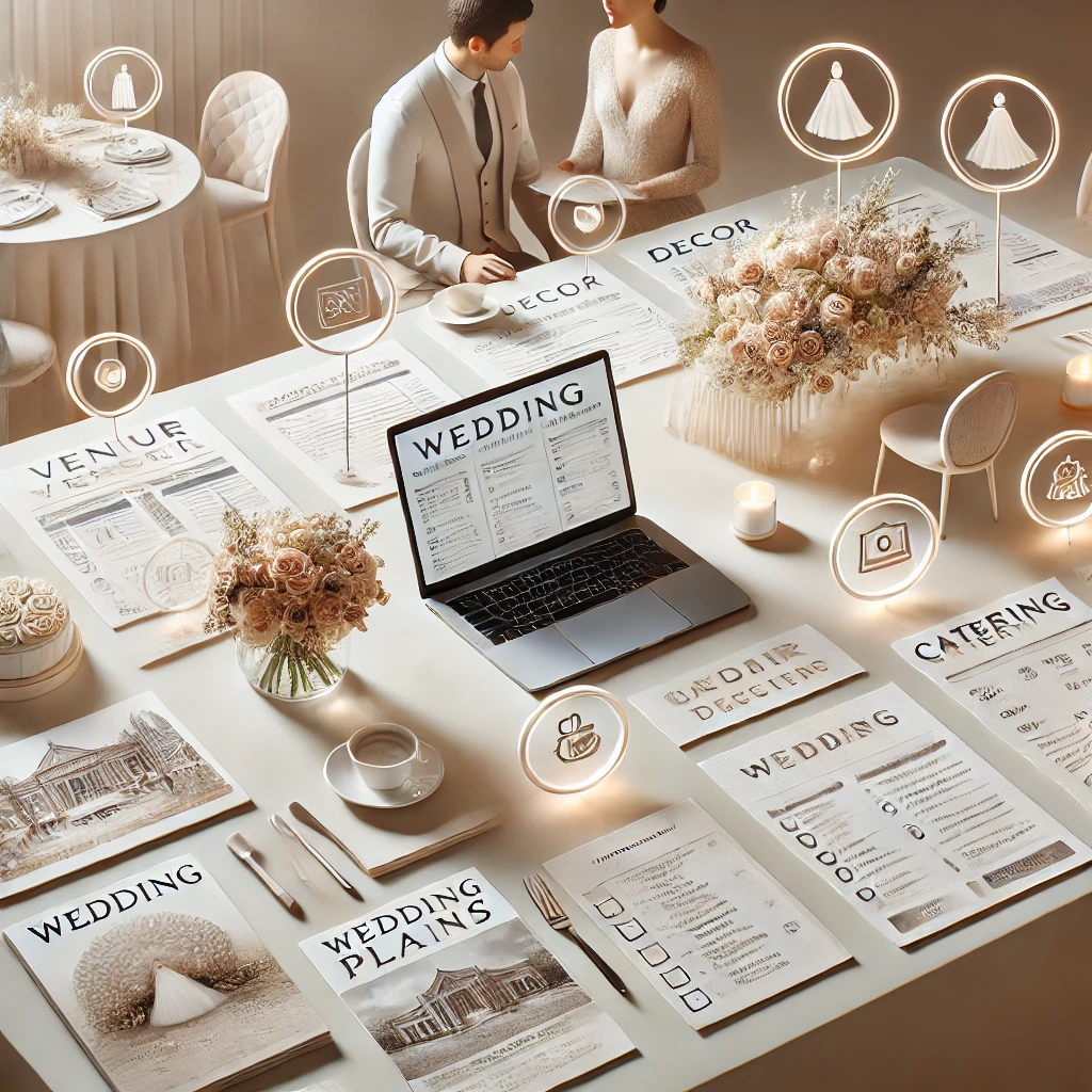 Dall·e 2024 10 17 20.20.42 A Stylish And Modern Wedding Planning Scene With A Table Covered In Vendor Brochures, Wedding Magazines, A Laptop, And A Checklist. The Setting Shows