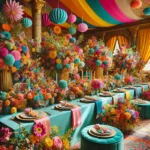Dall·e 2024 10 17 20.46.33 A Vibrant And Colorful Wedding Venue Setup Featuring A Bold And Lively Color Palette. The Scene Includes Bright Floral Arrangements In Various Shades,